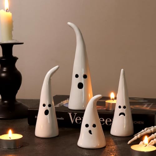 Halloween Ghost Figurines Set - Ceramic Rustic Indoor Decor, 4 Pieces