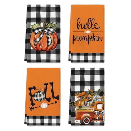 Hello Pumpkin Kitchen Towels Set of 4 – Fall Decor Dish Cloths 18x26 Inch
