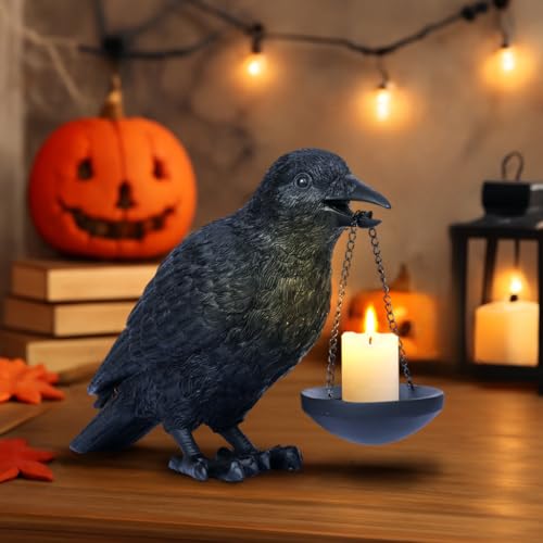 Gothic Crow Candle Holder - Raven Tealight Lamp for Halloween Decor, Black Resin Bird Statue