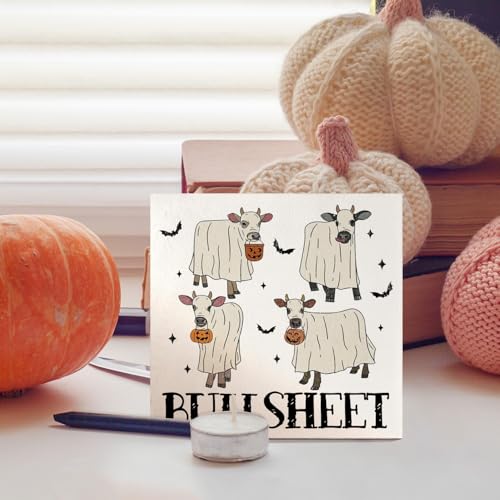 Halloween Cow Wooden Box Sign - Fall Decor, Cow Lover Gift, Spooky Pumpkin Bat - Variation 04