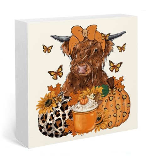 Fall Highland Cow Pumpkin Coffee Decor Wooden Box - Autumn Home Accent