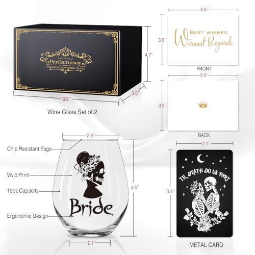 Perfectinsoy Gothic Wedding Bride & Groom Wine Glass Set with Gift Box - 2 Pieces