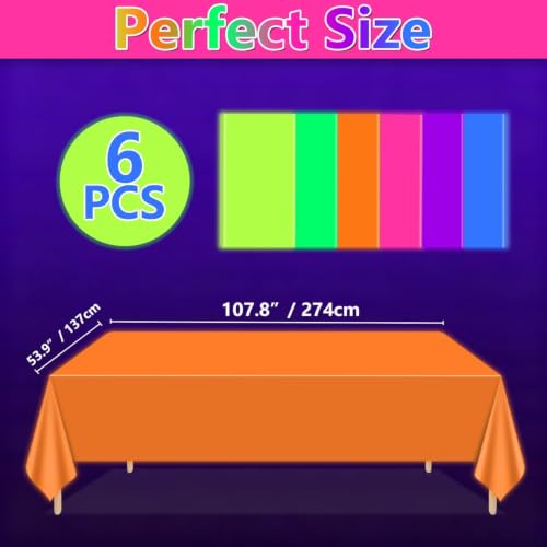 Neon Rainbow Tablecloths - 6 Pack Glow in the Dark Plastic Party Table Cover - Variation: Rainbow