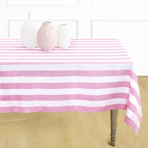 Pink & White Striped Linen Tablecloth 60x120 Inches - Elegant Dining Accessory - Variation of Pink & White / 120" x 60"