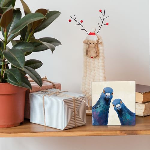 Whimsical Blue Pigeon Bird Wooden Sign - Home Decor Wall & Desk Accent