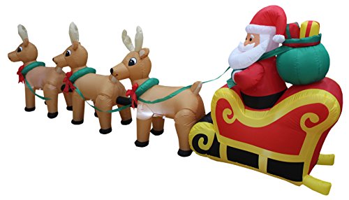 12 Ft Lighted Inflatable Santa on Sleigh with 3 Reindeer for Christmas Yard Decor