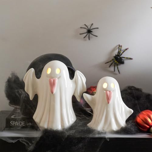 Halloween Ghost Figurines Set - Light Up Ceramic Ghost Decor, Pink & White Variation