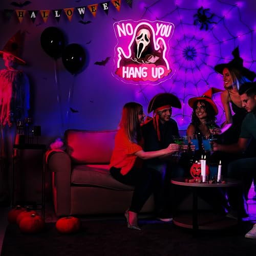 Neon Sign Halloween Ghostface Mask Pink & Black USB Powered Spooky Decor