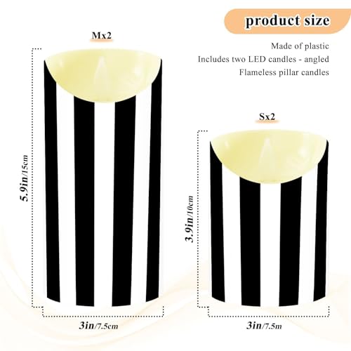 Set of 2 Flameless Candles with Remote - White & Black Stripe, Small & Large, Realistic LED Taper Candles
