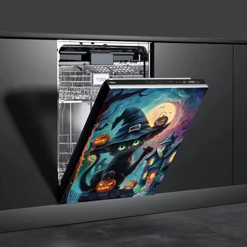 Halloween Pumpkin Theme Magnetic Dishwasher Cover - Black Cat Kitchen Decor 23" x 26"