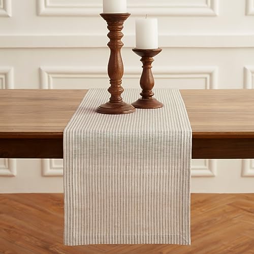 Solino Home Linen Table Runner 14x72 in Natural & White Striped Variation