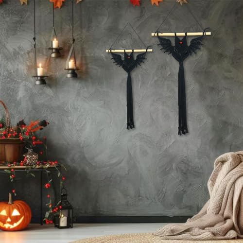 Halloween Black Macrame Bat Wall Hanging - Red Variation, Gothic Spooky Decor