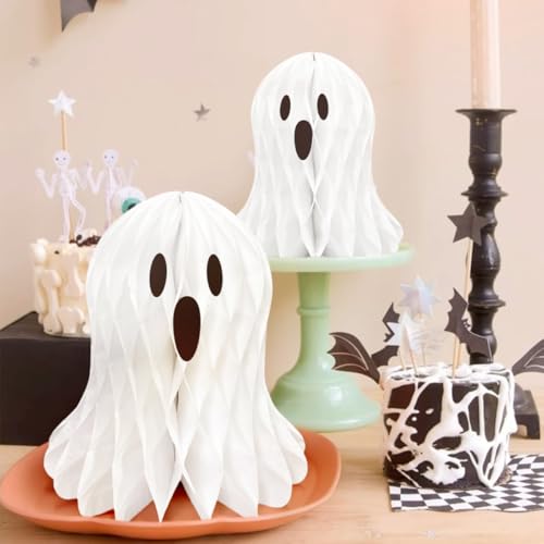 Halloween Ghost Honeycomb Decorations Set - 10 White Paper Spooky Hanging Ornaments