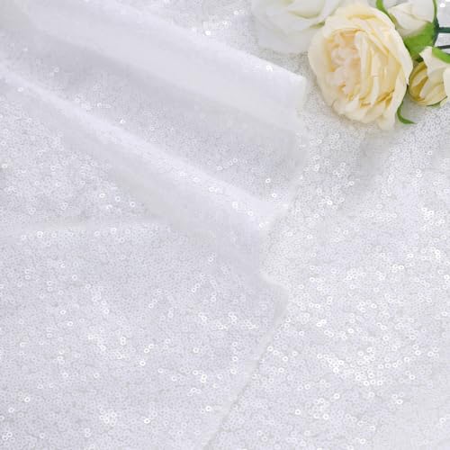 QueenDream White Sequin Round Tablecloth 108 Inch for Party & Wedding - Glitter Sparkle