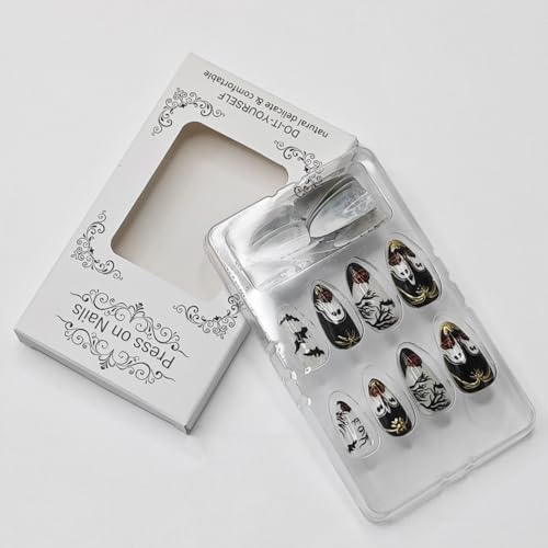 Halloween Ghost Press On Nails - Medium Almond Fake Nails with Bat Pumpkin Glitter Design - Variation H78