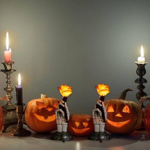Gothic Halloween Skeleton Hand with LED Rose Statue - Indoor Decor
