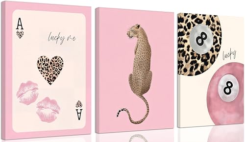Pink Leopard Canvas Wall Art Set - 16x12 Inches, Preppy Animal Decor for Girls Room