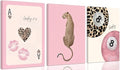 Pink Leopard Canvas Wall Art Set - 16x12 Inches, Preppy Animal Decor for Girls Room