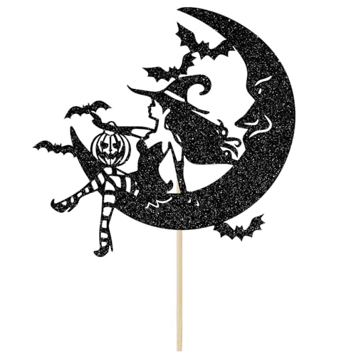 Witch Cake Topper for Halloween Party & Birthday Decor - Black Glitter