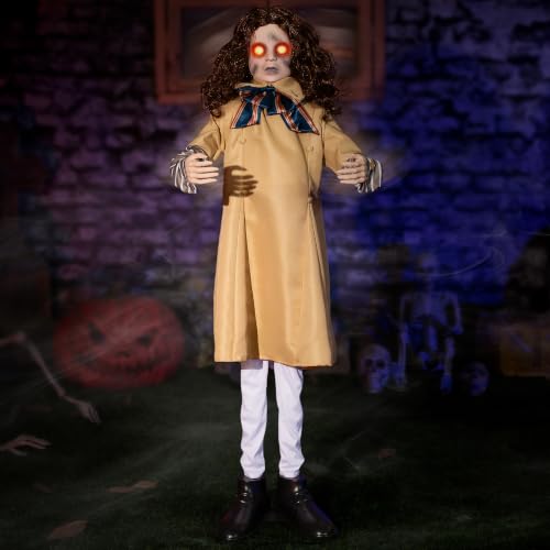 48-Inch Animatronic Creepy Doll Halloween Decoration with Sound & LED Eyes - Indoor Outdoor Haunted House Prop