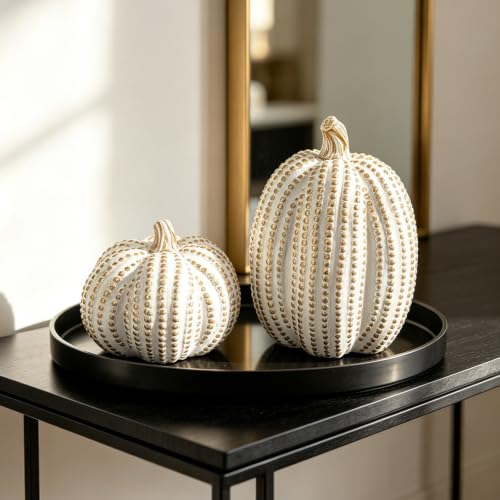 White Gold Pumpkins Decor Set - 2PCS Fall Resin Pumpkin Figurines with Dots & Bead Details - Gold Dots Variation