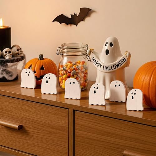 Halloween Ghost Tree Ornaments Set - White Wooden Ghost Decorations, 24 pcs, Farmhouse Holiday Decor