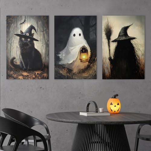 Halloween Wall Art Canvas Set - 3 Large Spooky Witch Ghost Black Cat Posters