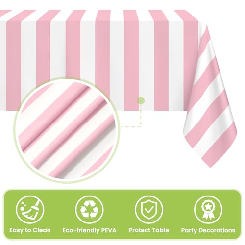 Pink and White Striped Tablecloth 54 x 108 Inch - 2 Pack, Rectangular Disposable Table Cover for Parties