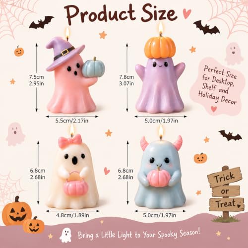 Pastel Halloween Ghost Candle Set - Pumpkin & Witch Hat Figurines, 4 Pack