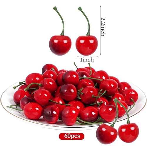 Artificial Fake Cherries - Realistic Plastic Faux Fruit Decoration, 60 pcs