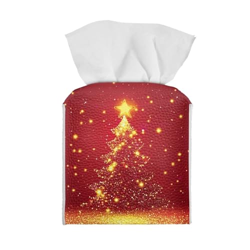 Doginthehole Christmas Tissue Box Cover - Red Golden Xmas Tree Design, Decorative PU Leather