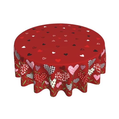 Plaid Love Hearts Valentine's Day Round Tablecloth 60 Inch Water-Resistant Washable Fabric Red Pink Black