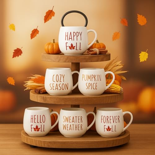Fall Coffee Mug Set - 6 Pcs Autumn Ceramic Cups with Handles, Thanksgiving & Holiday Gift