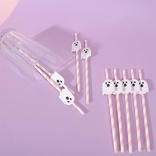 Pink Halloween Ghost Paper Straws - 12 Pack Cute Party Supplies
