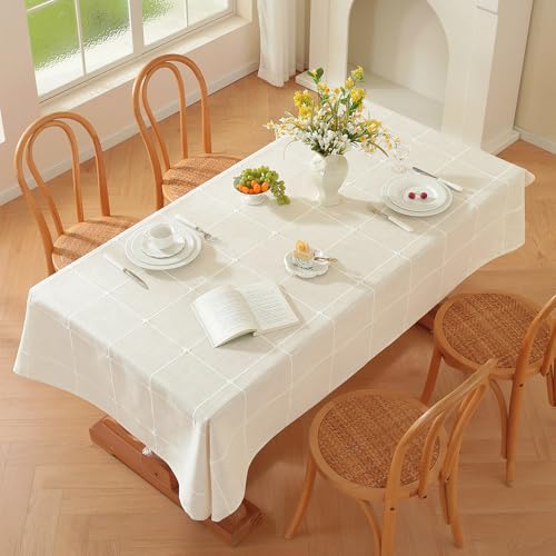 Rectangular Linen Tablecloth 60x120 Inches Plaid White - Durable Farmhouse Style
