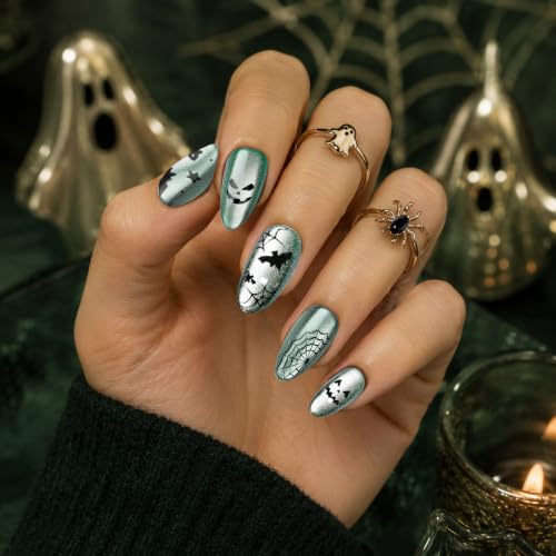 Halloween Press-On Nails Short Almond with Cat Eye Spider Ghost - 32Pcs, Variation 1