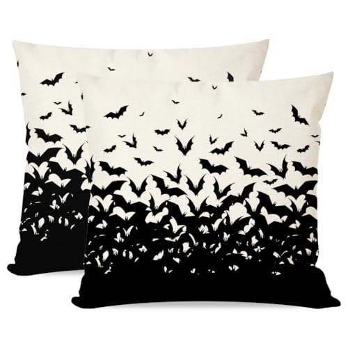Halloween Bat Pillow Covers Set of 2 - Black & White 18x18 Spooky Decor - Variation of THIS listing