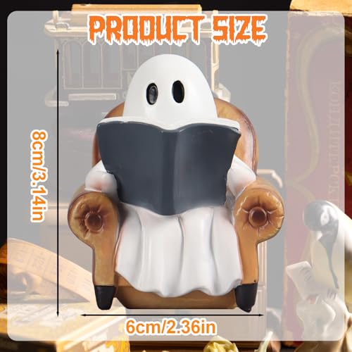 Indoor Halloween Ghost Reading Book Figurine - Cozy Spooky Home Decor - Brown Variation