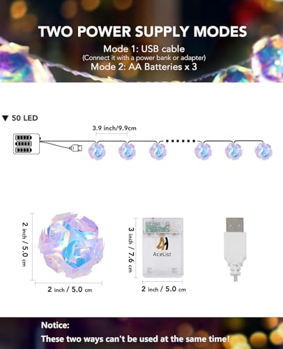 AceList Lotus Ball 50 LED Iridescent String Lights - USB & Battery Powered Disco Decor