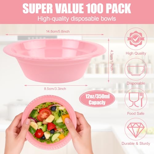 Pink Disposable Plastic Bowls (100 Pcs) - 12oz Party, Salad, Dessert, Picnic