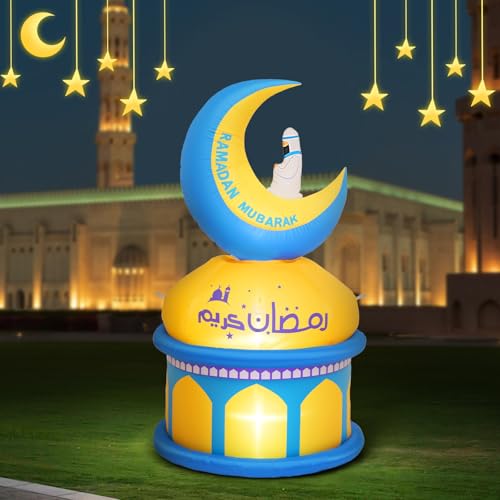 Lewondr 5FT Outdoor Inflatable Ramadan Moon Decoration with 4 LEDs - Yellow & Blue