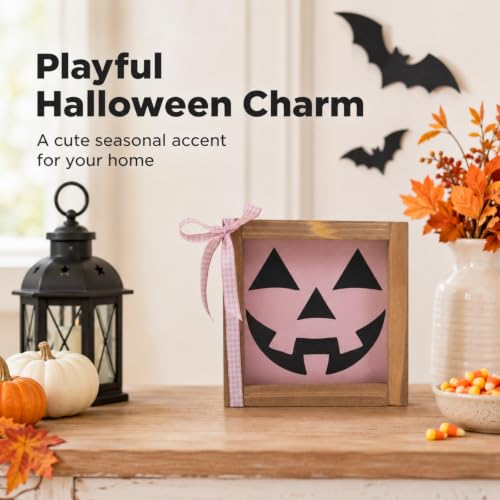 Pink Halloween Decor Pumpkin Face Sign - Pink Face Variation, Rustic Wood Home Table Wall Shelf Decor