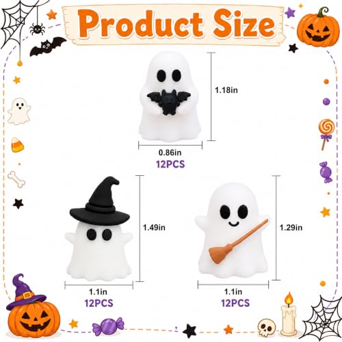 36 Pcs Mini Halloween Ghost Figurines - Glow in the Dark Rubber Decor Set - Halloween Party & Home Decorations