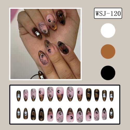 Fall Halloween Press-On Nails Medium Almond - Brown Cat Eye Style-42