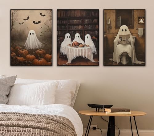 Halloween Ghost Canvas Wall Art Set - Spooky Bathroom Decor, 12x16 Inch Pumpkin Ghost Variation