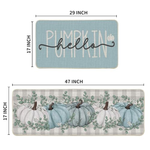 Hello Pumpkin Fall Kitchen Mats Set of 2 - 17x29 & 17x47 Inches, Blue