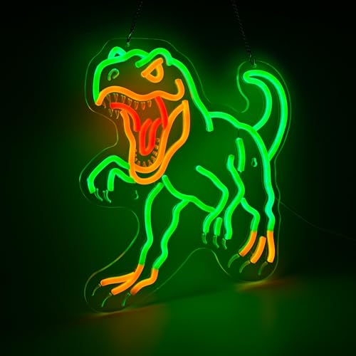 Green Dinosaur Neon Sign - Dimmable Jurassic T-Rex LED Light Decor - 14.5x13.6"