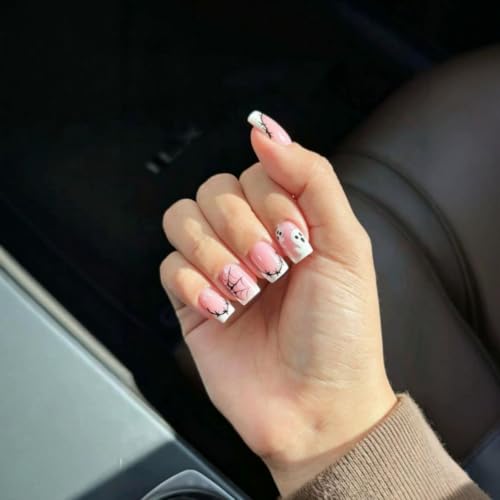 Halloween Press On Nails Short Square Pink Fake Nails with Ghost & Spider Web Design - Pattern W40, Reusable, 24 Pieces