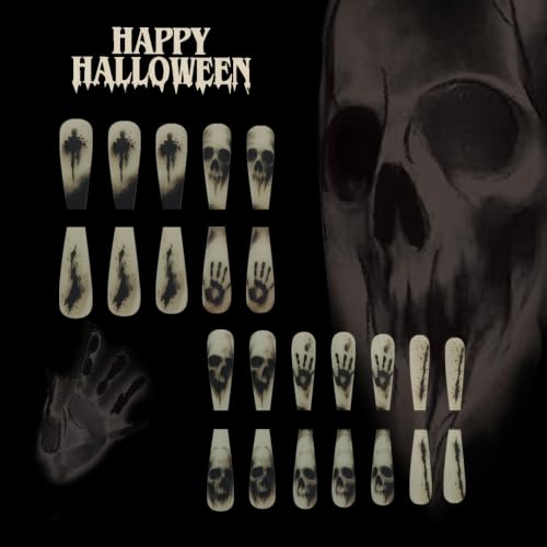 Halloween Matte Coffin Fake Nails with Skull & Shadow Design - Style 878, 24 pcs