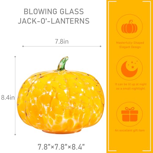 Glass Handcrafted Pumpkin with LED Lights - Fall Halloween Thanksgiving Decor, 5.9 Inch, Green Leaf Orange Variation